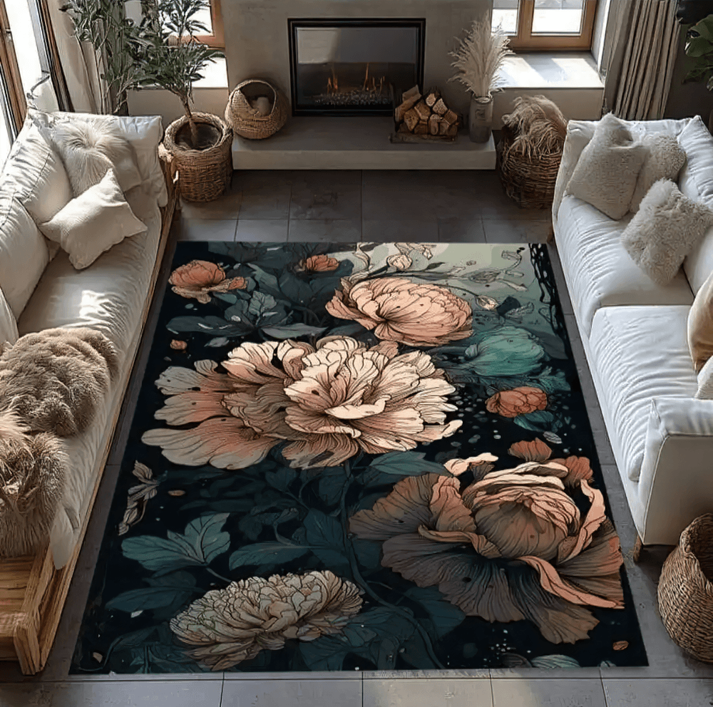 Dark Peony Floral Area Rug for Gothic Living Room displayed in an elegant gothic decor with oversized blooms.
