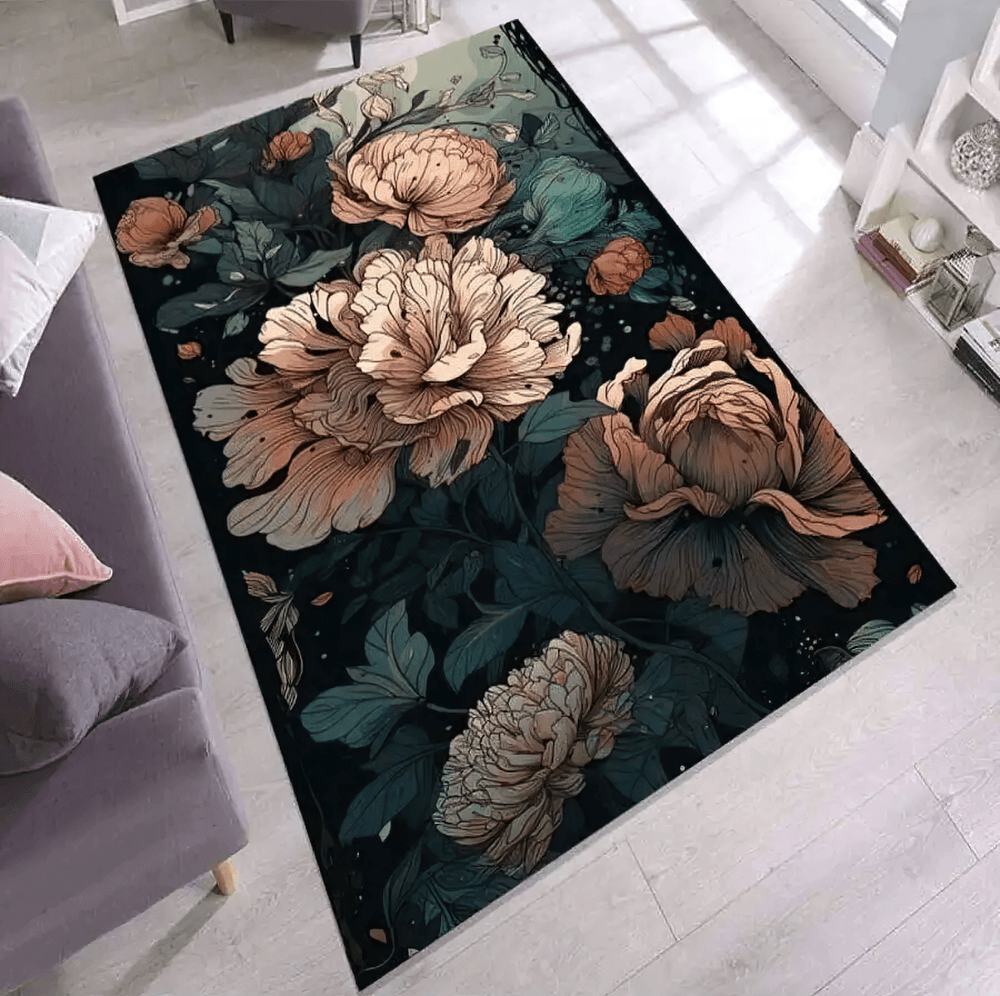 Dark Peony Floral Area Rug for Gothic Living Room displayed on a light floor with elegant floral designs.