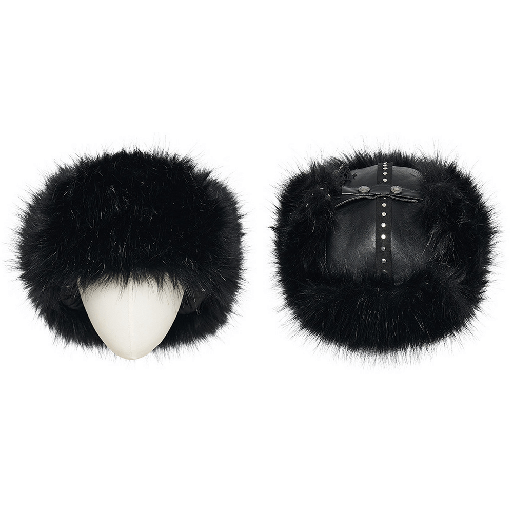 Dark plush punk hat with ear protection, tattered mesh, and metal accents for a rebellious style.