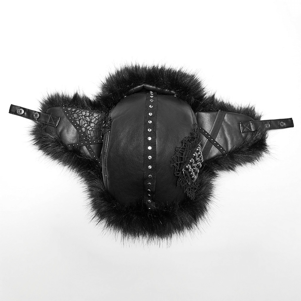 Dark plush punk hat with ear protection, tattered mesh, and metal accents for a rebellious winter style.