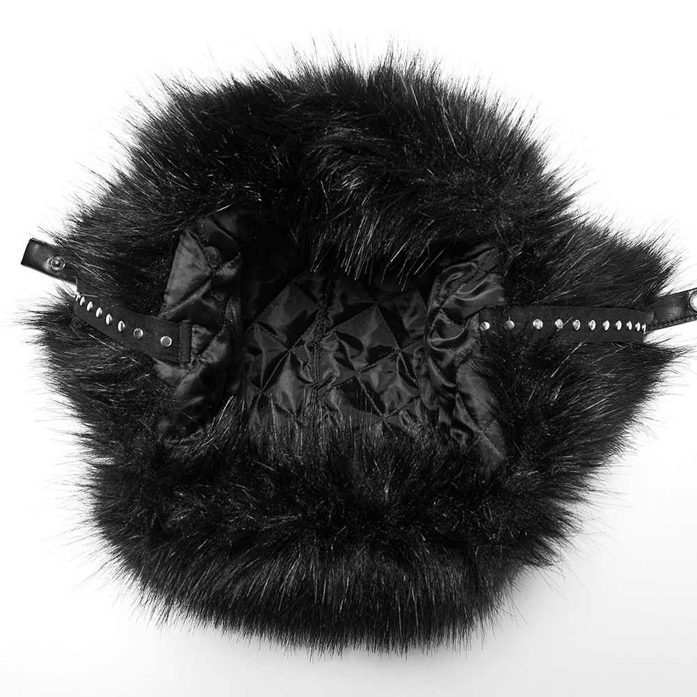 Inside view of a dark plush punk hat featuring soft fur and studded accents for an edgy, cozy style.
