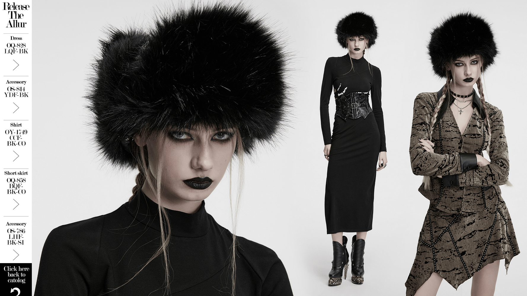 Dark plush punk hat with ear protection and metal accents, enhancing edgy fashion looks in cold weather.
