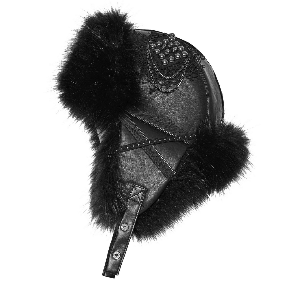 Dark plush punk hat with ear protection, tattered mesh, and edgy metal accents for winter fashion.