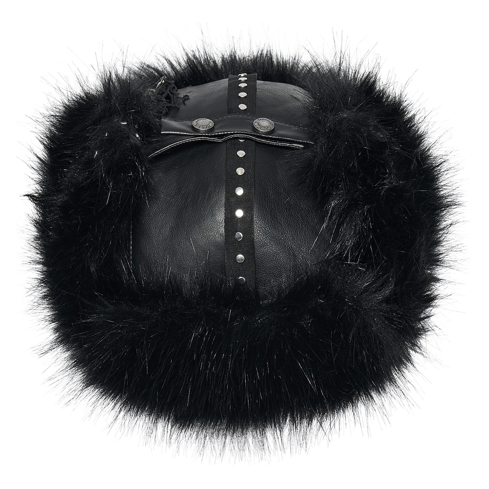 Dark plush punk hat with ear protection, tattered mesh, and metal accents for a bold, edgy winter look.