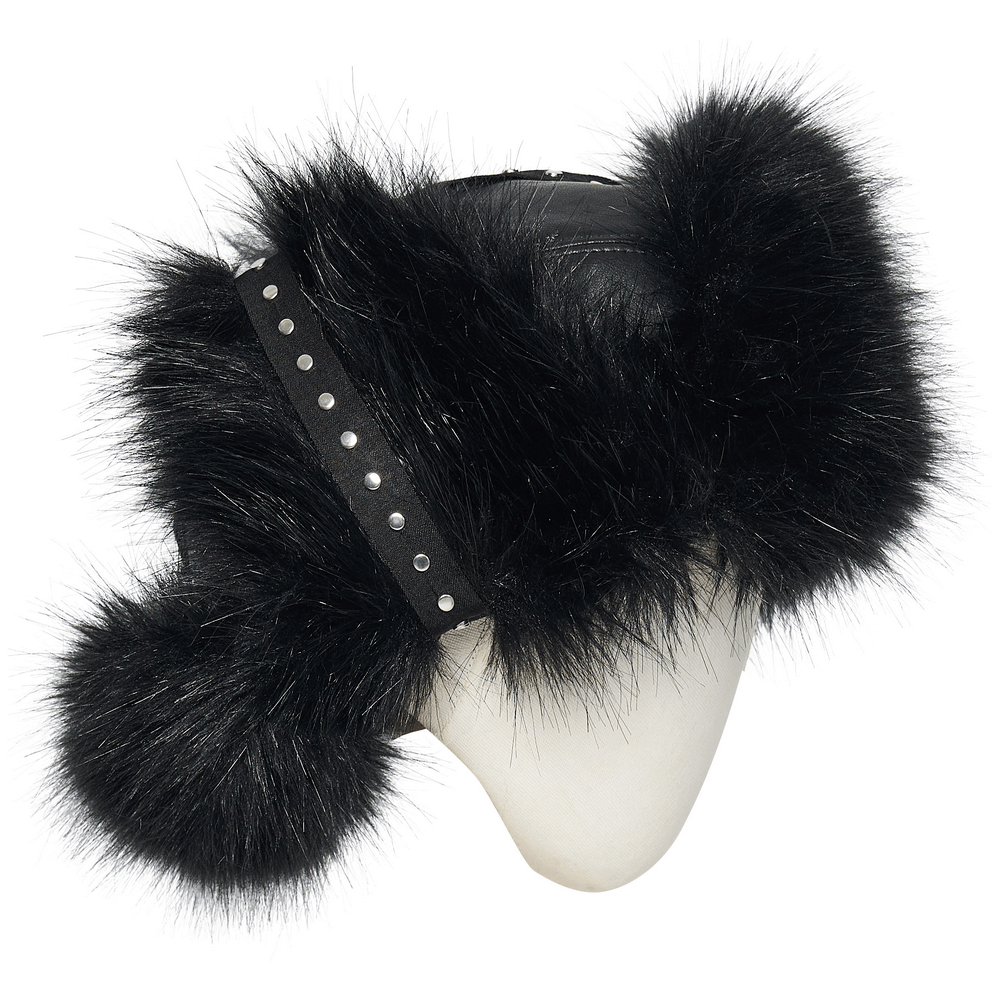 Dark plush punk hat with ear protection, tattered mesh, and metal studs for a bold, edgy look.