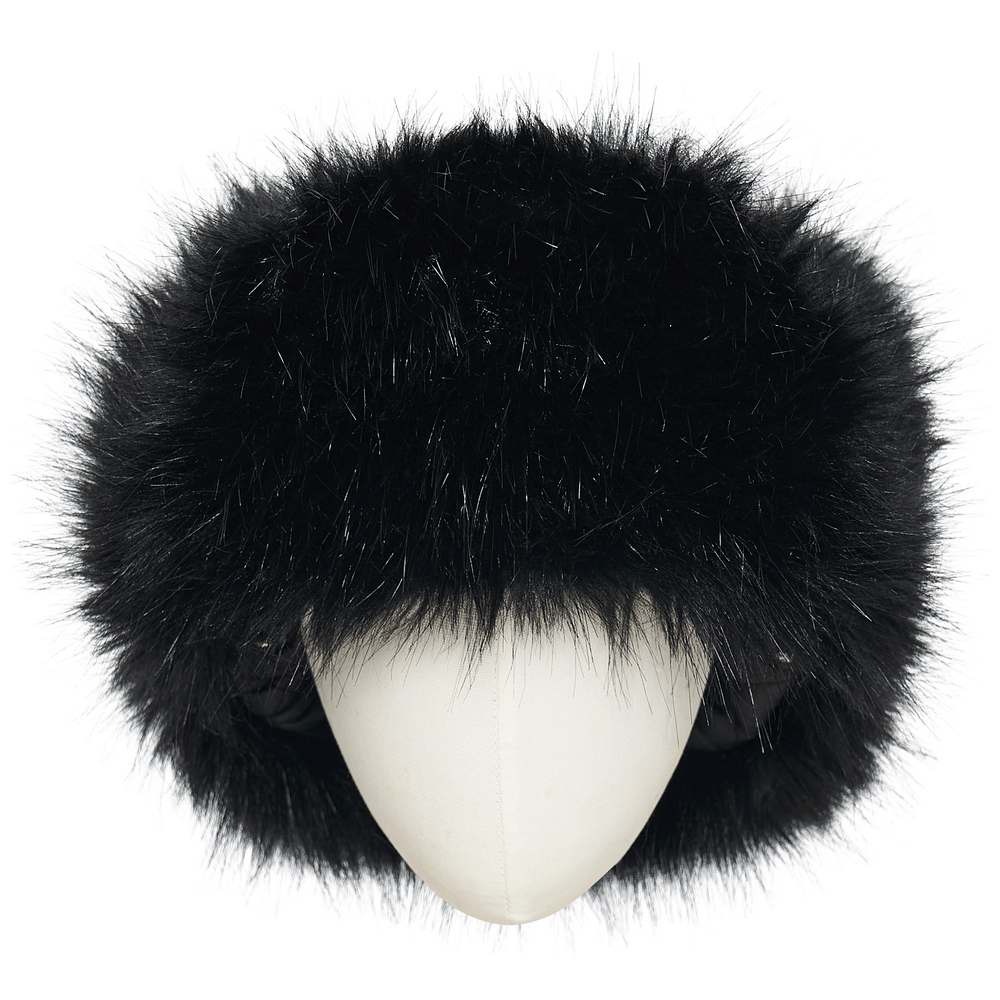 Dark plush punk hat with ear protection, tattered mesh, and edgy metal accents for cold weather.