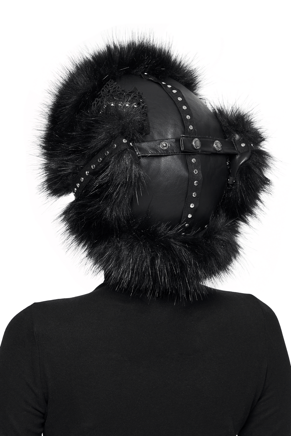 Back view of dark plush punk hat with ear protection, tattered mesh, and metal accents.