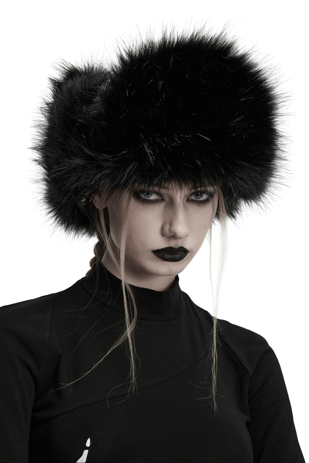 Edgy dark plush punk hat with ear protection and faux fur, perfect for a rebellious winter look.