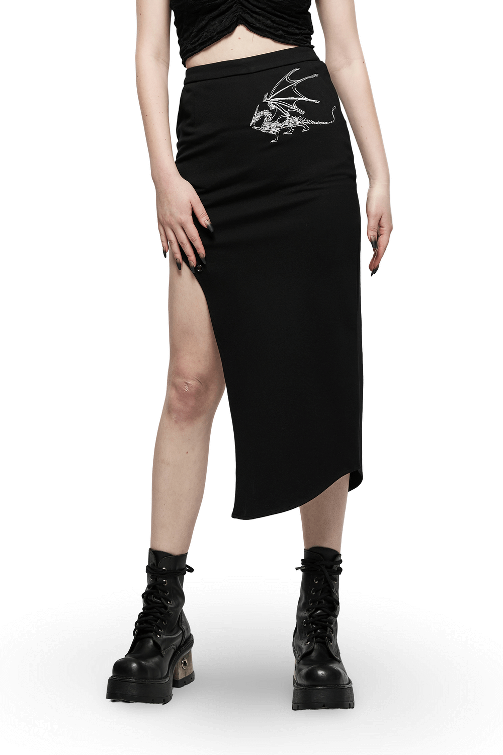 Dark punk asymmetric skirt with dragon embroidery, showcasing edgy style and a slim fit design.