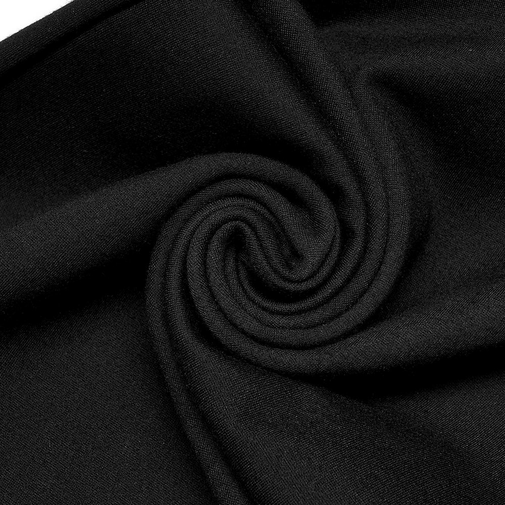 Close-up of soft black fabric in a swirling pattern, perfect for a stylish dark punk skirt.