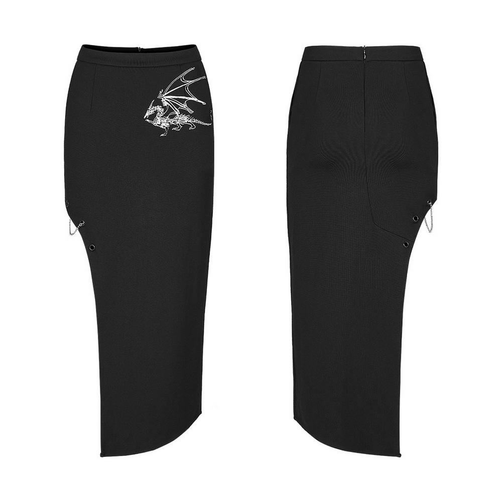 Dark punk asymmetric pencil skirt with dragon embroidery and side eyelets, showcasing a unique edgy style.