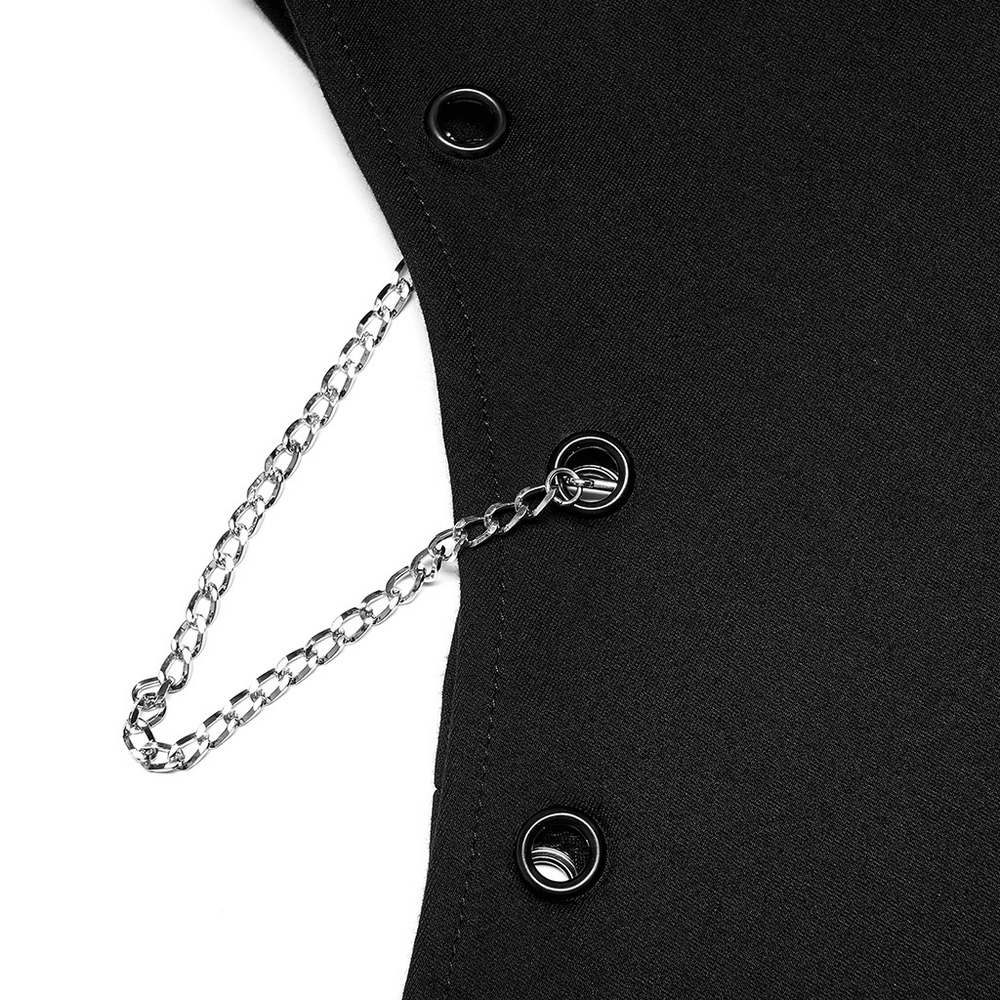 Close-up of dark punk skirt showcasing eyelets and detachable chain detail for edgy style.