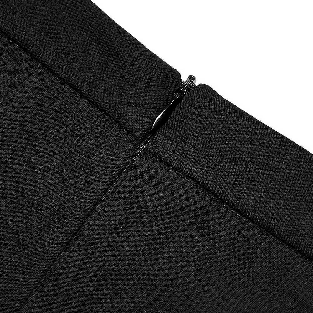 Close-up of the zipper on a dark punk asymmetric skirt showcasing sleek black fabric and stylish design detail.