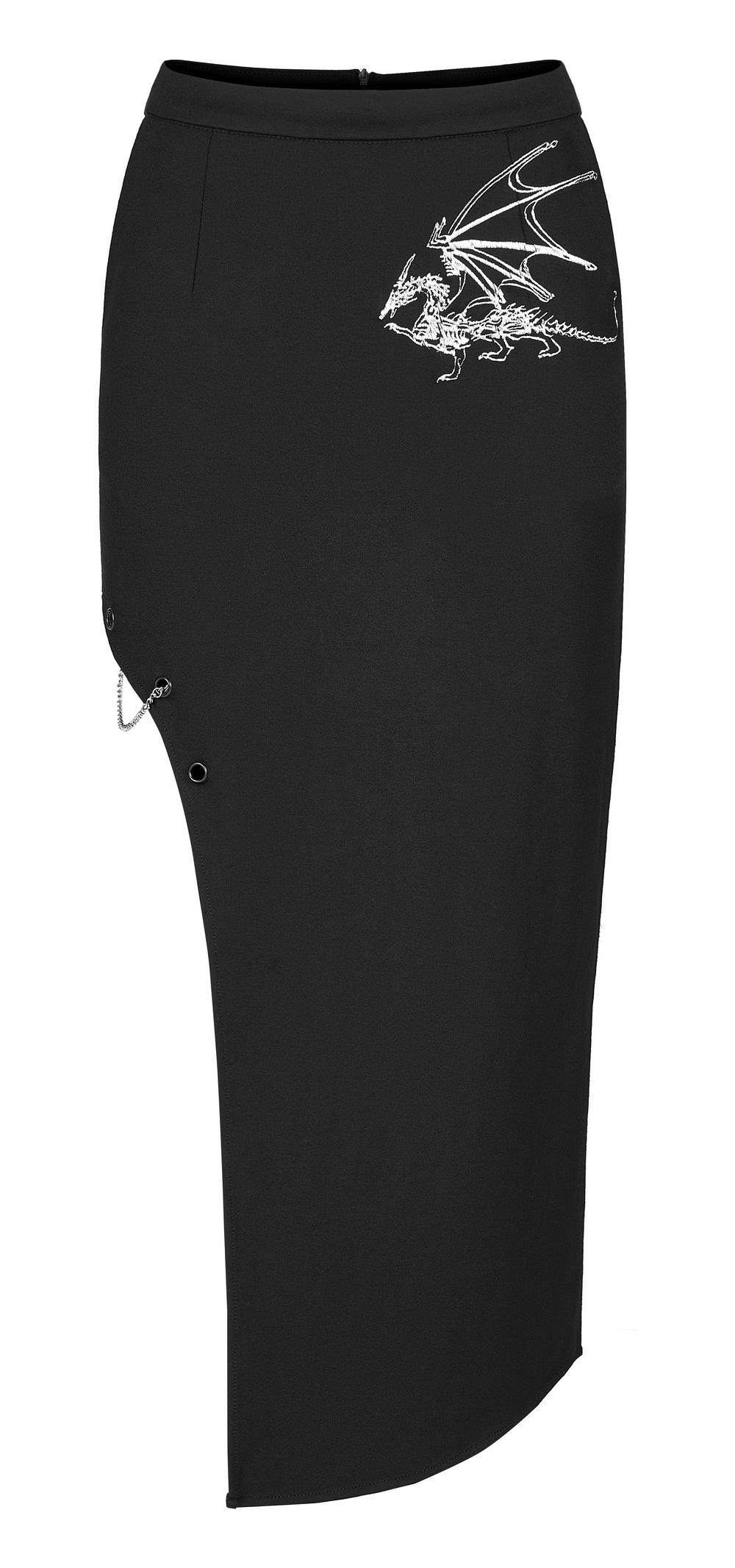Dark punk asymmetric skirt with dragon embroidery and side eyelets for a bold, edgy look.