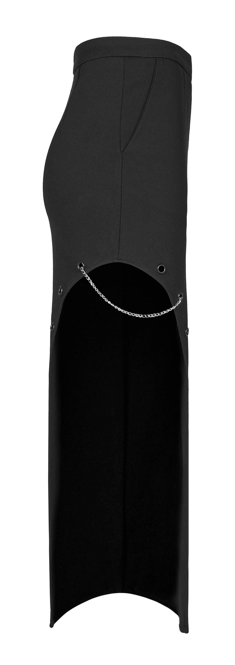 Asymmetric black pencil skirt with dragon embroidery and punk chain detail, showcasing a unique silhouette.