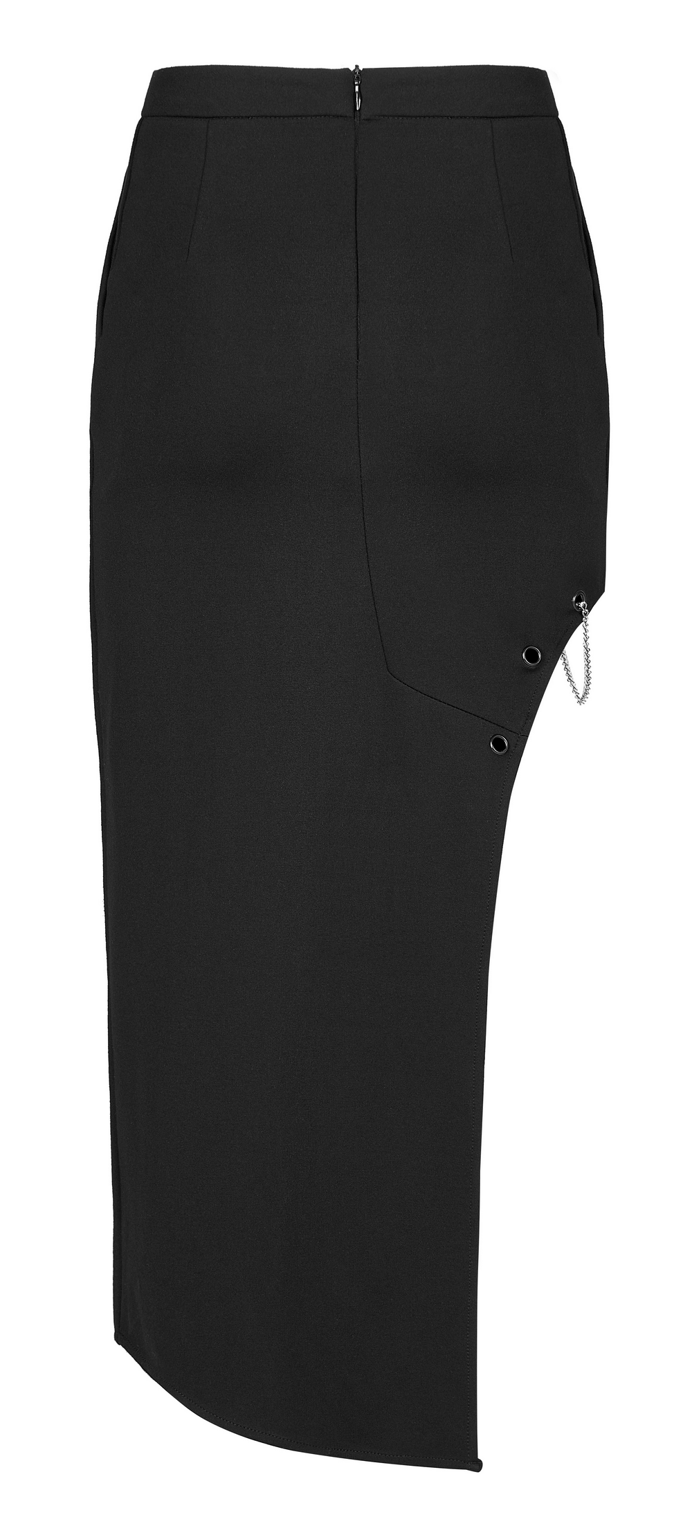 Dark punk asymmetric pencil skirt with dragon embroidery and edgy side eyelets.