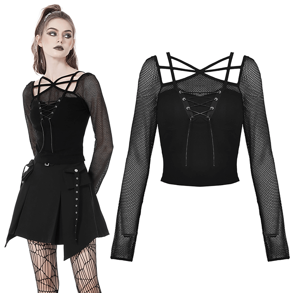 Dark punk gothic mesh top with lace-up front and long sleeves, perfect for edgy fashion lovers.