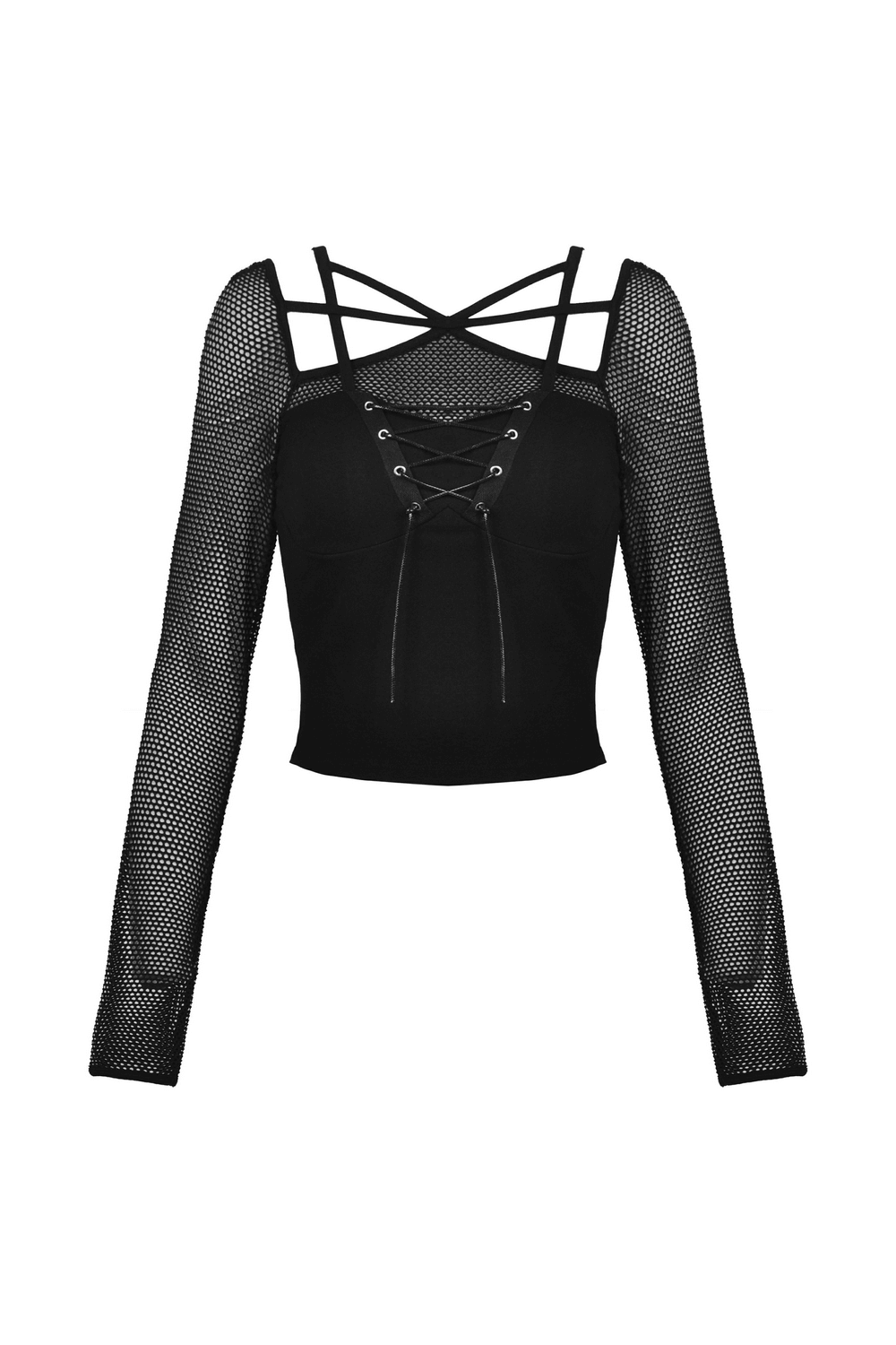 Dark punk gothic lace-up top with sheer mesh sleeves for an edgy, figure-flattering look.