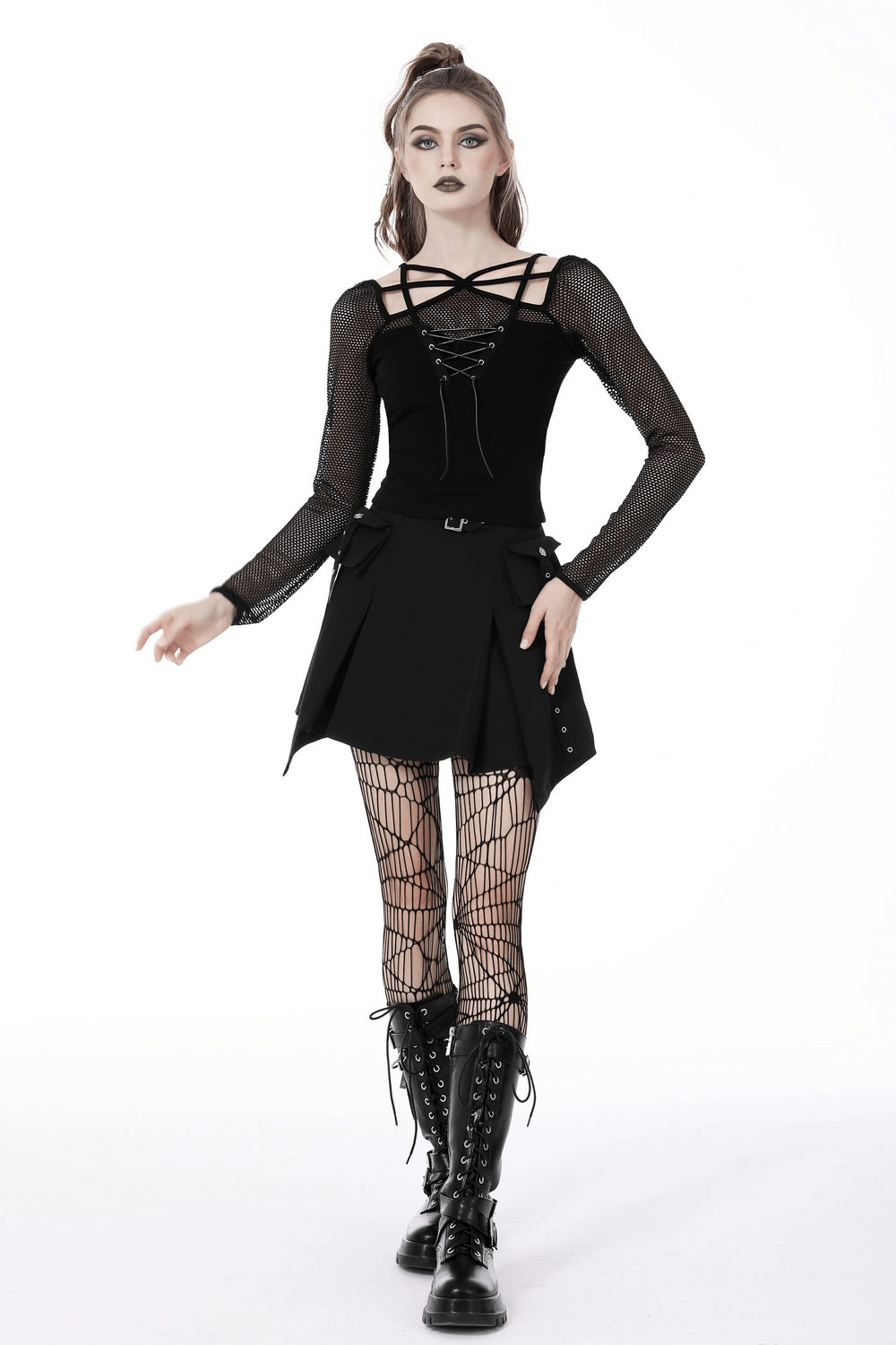 Edgy dark punk gothic top with mesh sleeves and lace-up front, paired with a stylish skirt and fishnet tights.