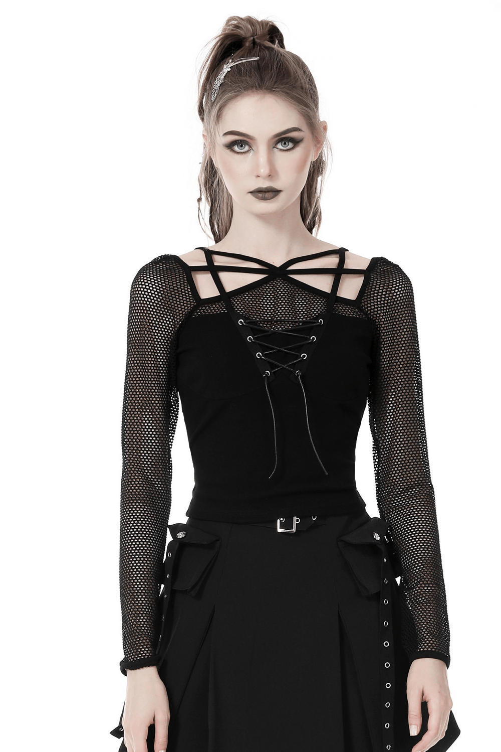 Dark punk gothic lace-up top with sheer mesh sleeves, perfect for edgy fashion and concert vibes.