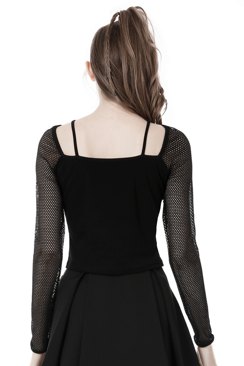 Back view of a dark punk gothic top featuring sheer mesh long sleeves and a sleek black bodice, perfect for edgy fashion.
