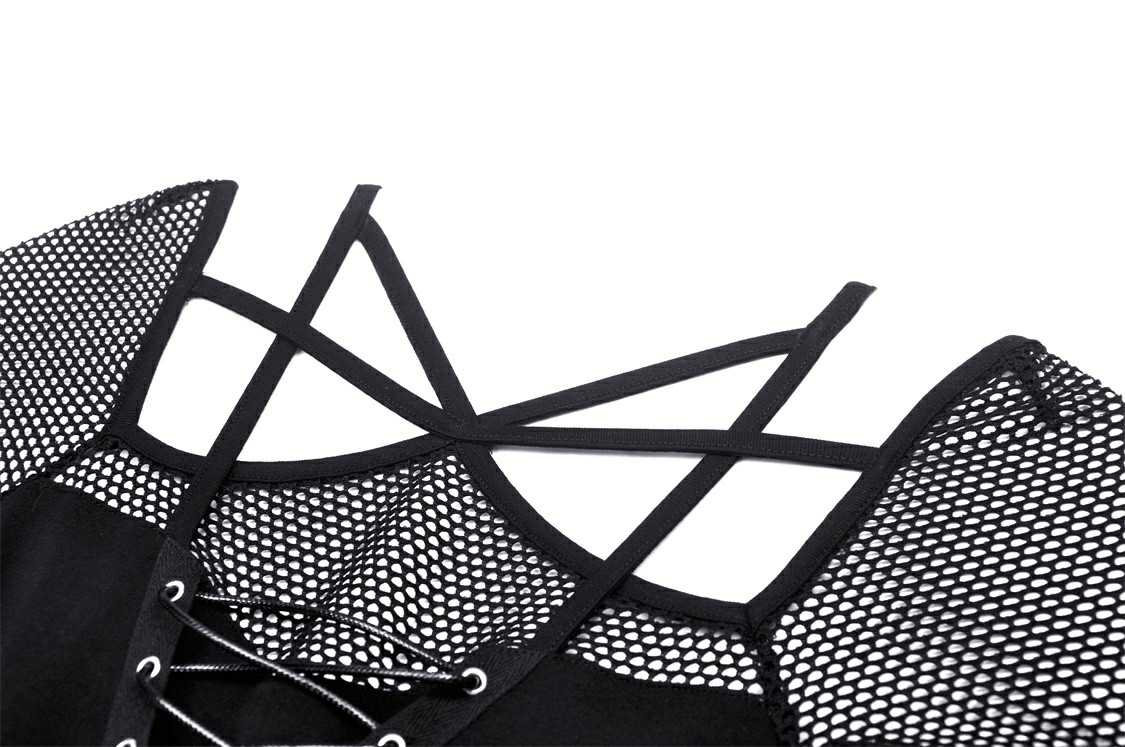 Close-up of the lace-up back detail and mesh sleeves of a dark punk gothic top, showcasing edgy design elements.