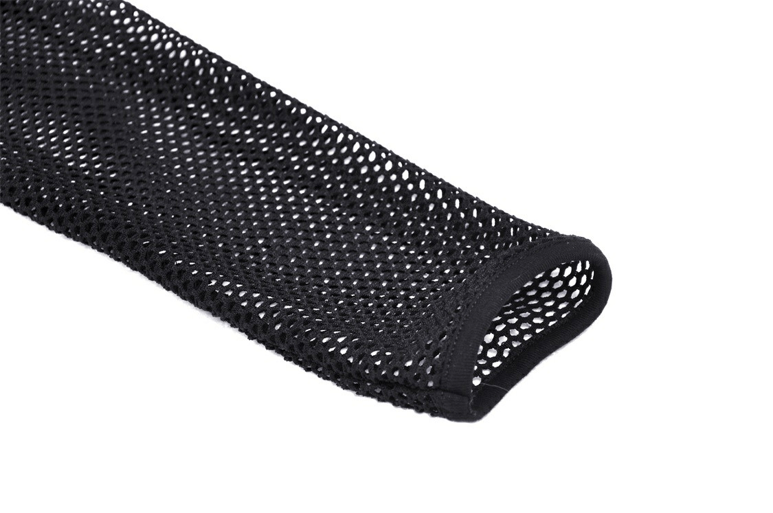 Close-up of black mesh sleeve detail from a dark punk gothic lace-up top, showcasing edgy net fabric.
