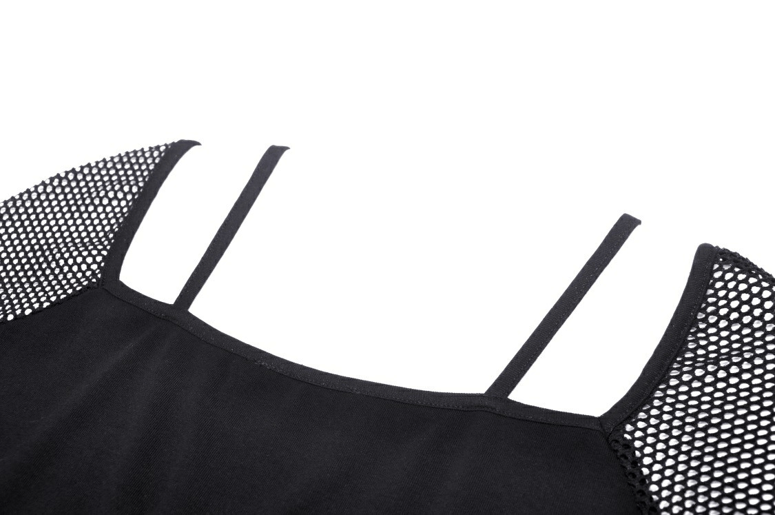Close-up of black punk top with sheer mesh sleeves and delicate straps, perfect for a gothic-inspired look.