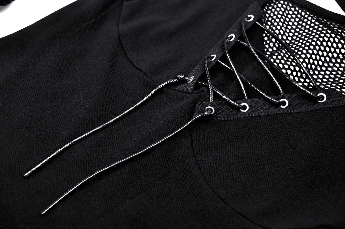 Close-up of the lace-up front detail on a dark punk gothic top with black mesh sleeves.