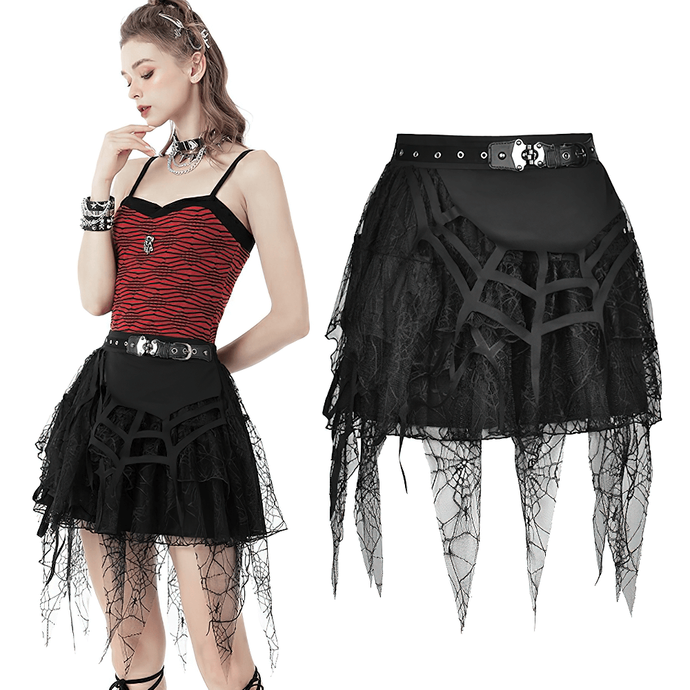 Black gothic lace mini skirt with spiderweb design and edgy belt detail, perfect for a dark fashion statement.