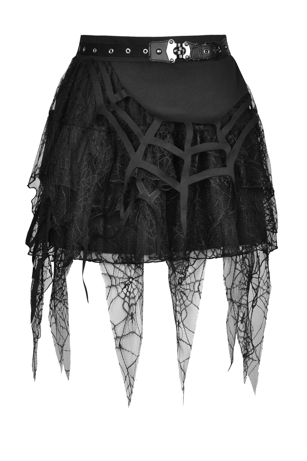 Gothic black lace mini skirt with spiderweb design and edgy belt detail, perfect for a punk-inspired look.
