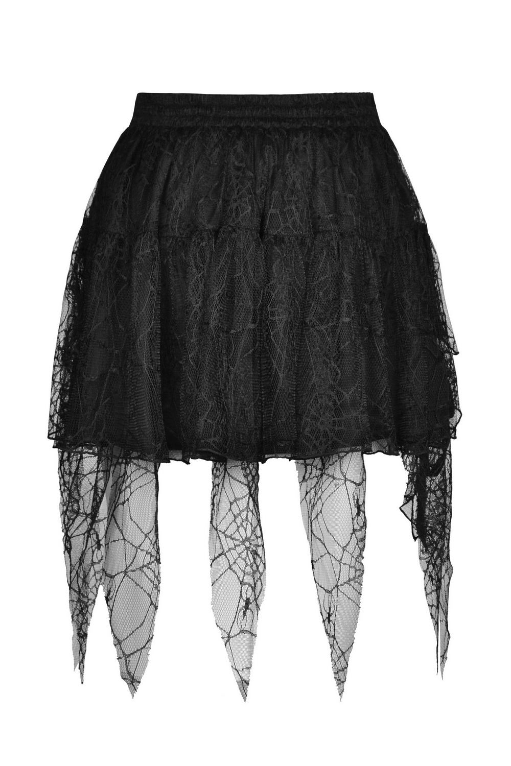 Black lace mini skirt with spiderweb design and edgy ruffled hem, perfect for gothic outfits.