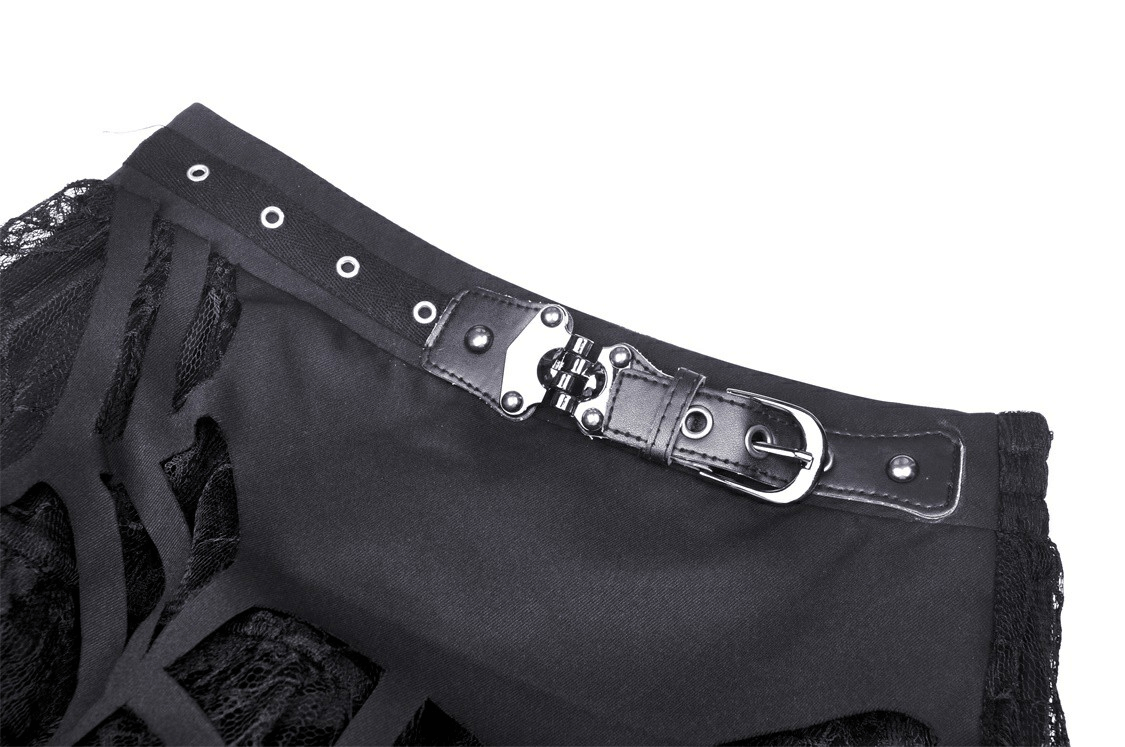 Close-up of black lace mini skirt showing edgy belt detail and spiderweb design for gothic fashion.