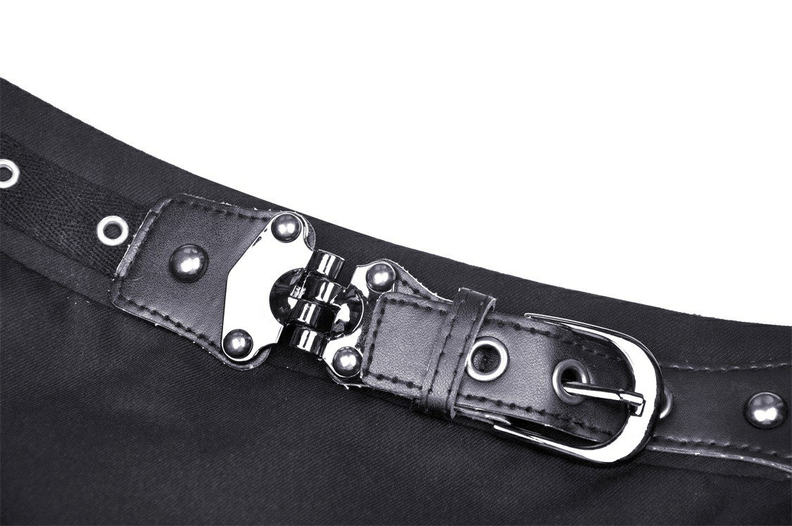 Close-up of the edgy belt detail on a dark punk mini skirt with gothic design elements.