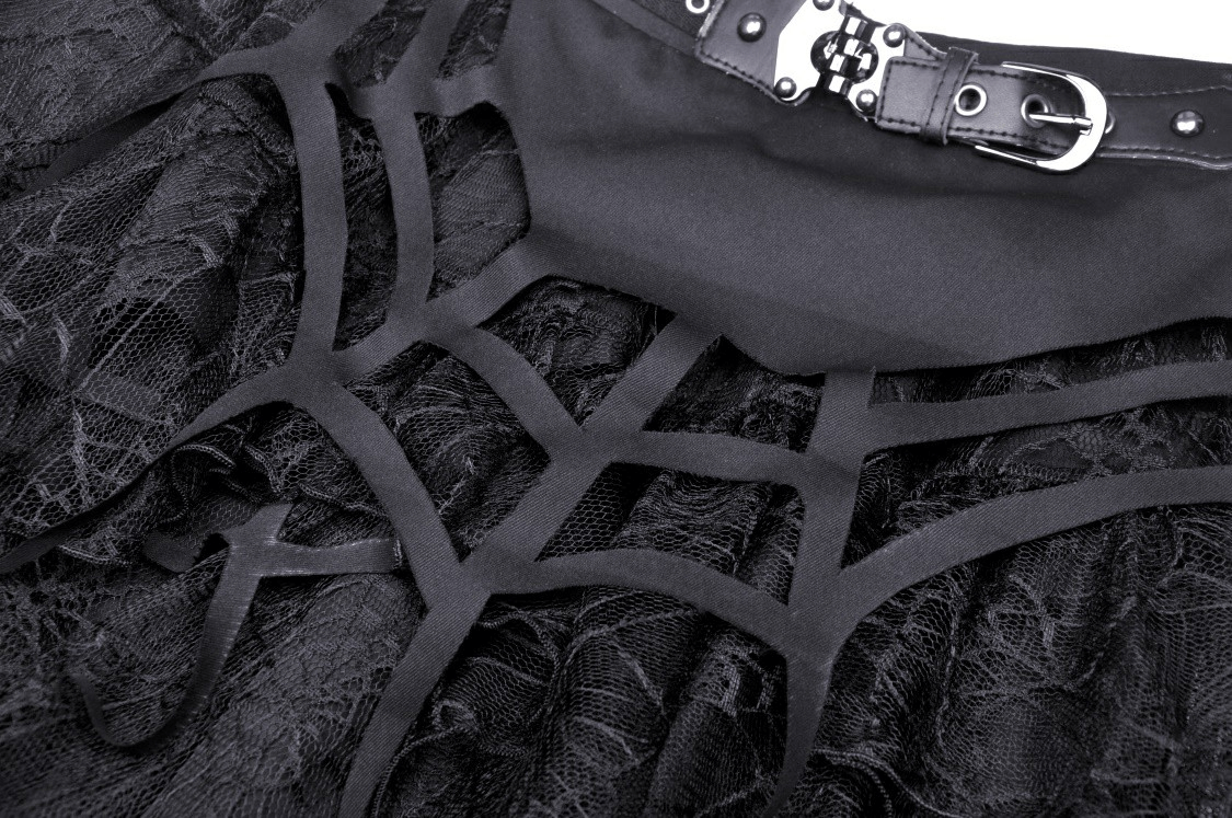 Close-up of black lace mini skirt featuring a spiderweb design and edgy belt detail, perfect for a gothic look.