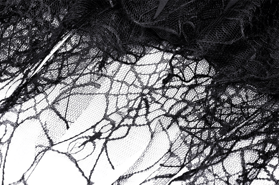 Close-up of black lace fabric featuring an intricate spiderweb design, perfect for gothic fashion.