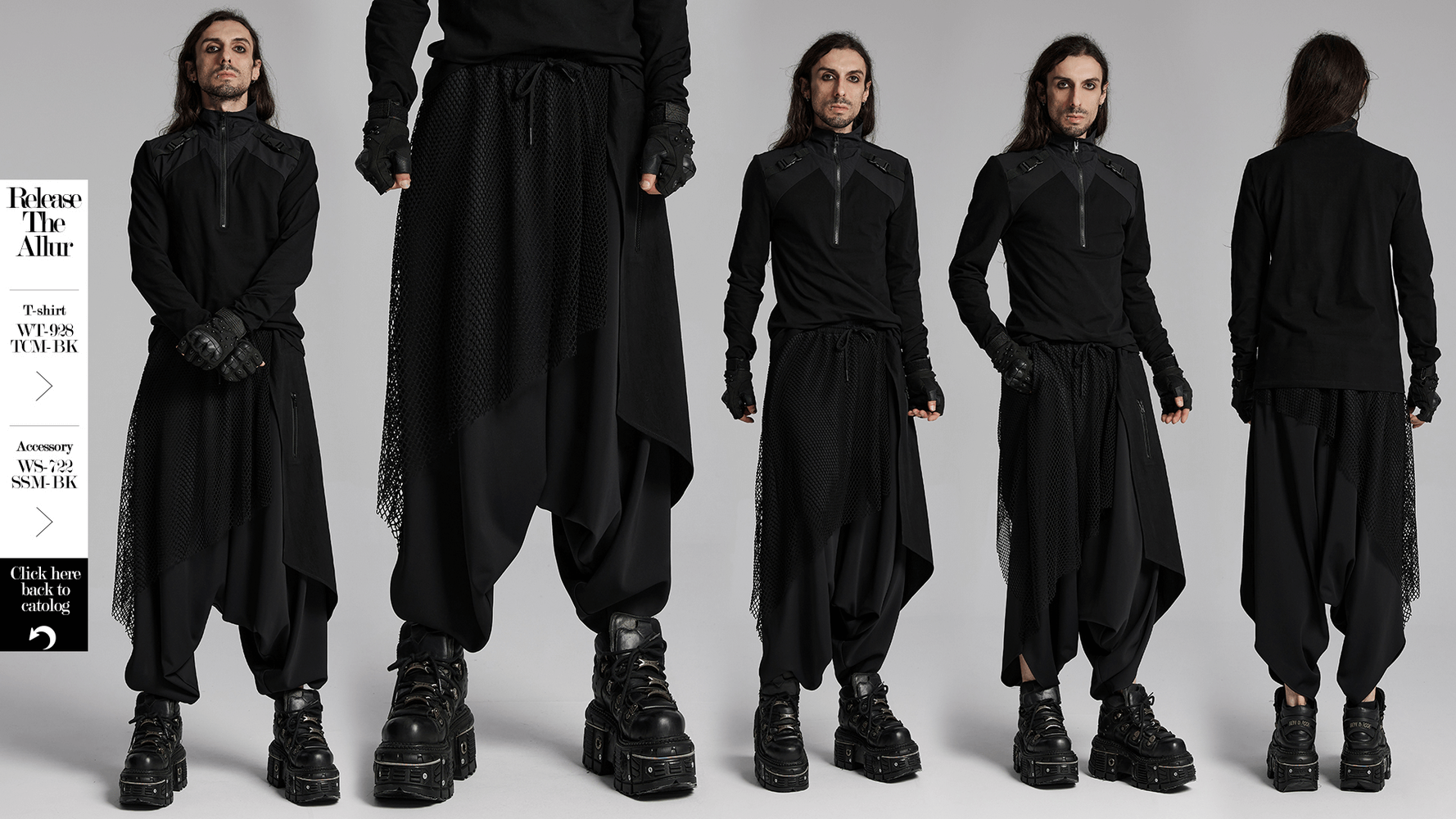 Dark punk harem pants with mesh layers, bold streetwear style, featuring unique design and statement zippers.