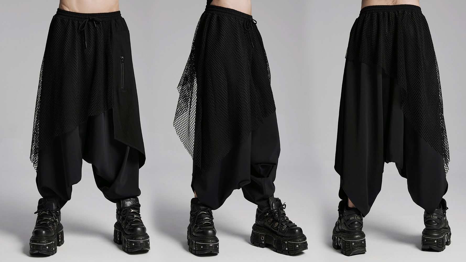 Dark punk loose fit harem pants with mesh layers and decorative zippers for a bold streetwear look.