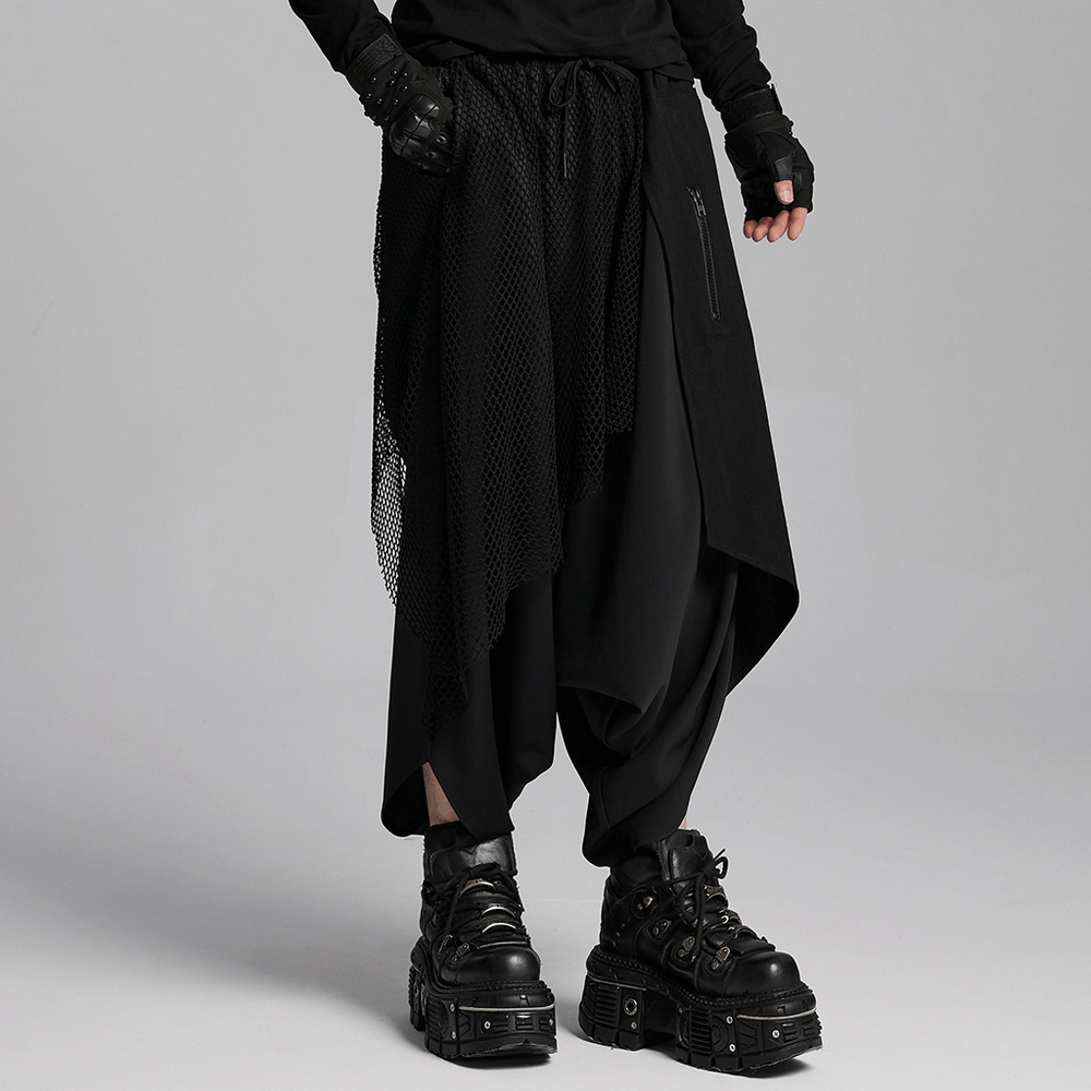 Dark punk loose fit harem pants with mesh layers, featuring decorative zippers and edgy streetwear style.