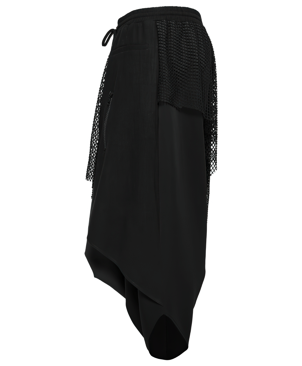 Dark punk loose fit harem pants with mesh layers, showcasing a unique asymmetrical design and bold high-street style.