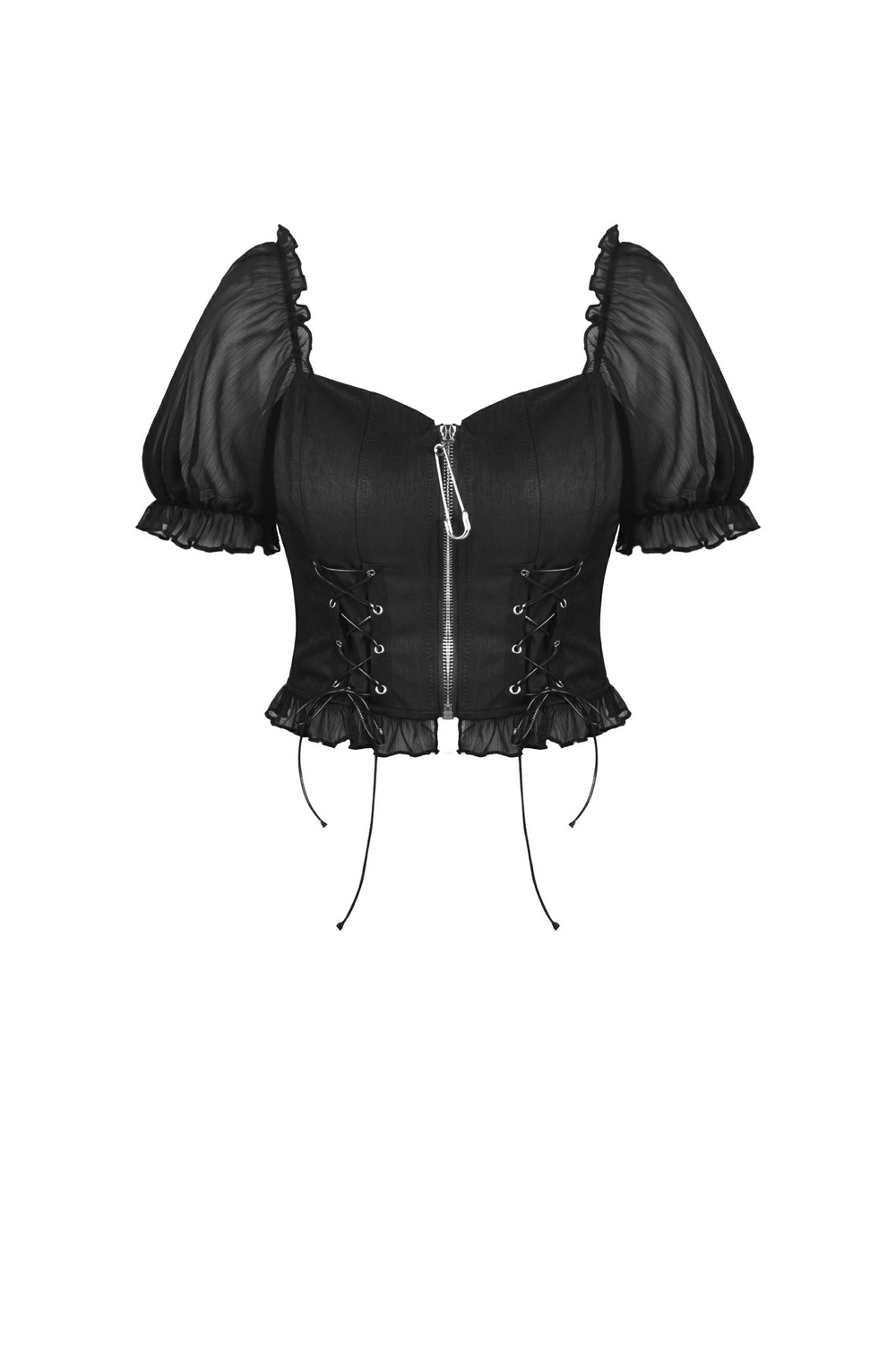 Gothic black crop top with lace-up detailing and a bold zipper, perfect for rock star vibes and edgy fashion.