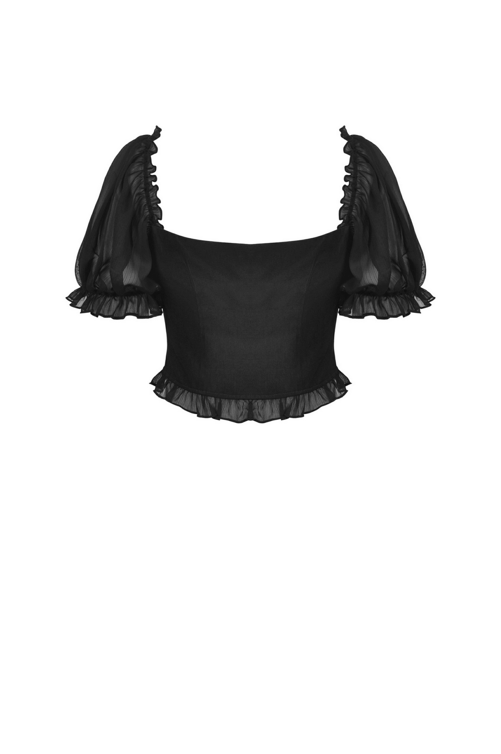 Black puff sleeve crop top with ruffled detailing, perfect for chic and stylish outfits.