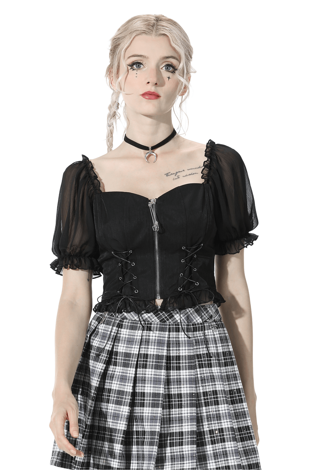 Gothic dark punk zip crop top with lace-up detailing, paired with a plaid skirt, perfect for edgy fashion lovers.