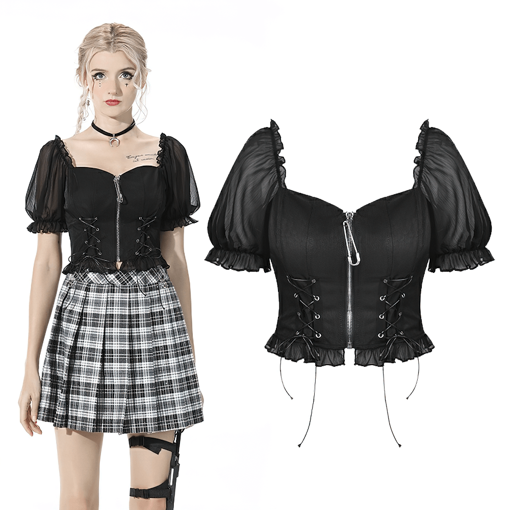 Gothic black zip crop top with lace-up detailing, puff sleeves, and stylish plaid skirt, perfect for a dark punk look.