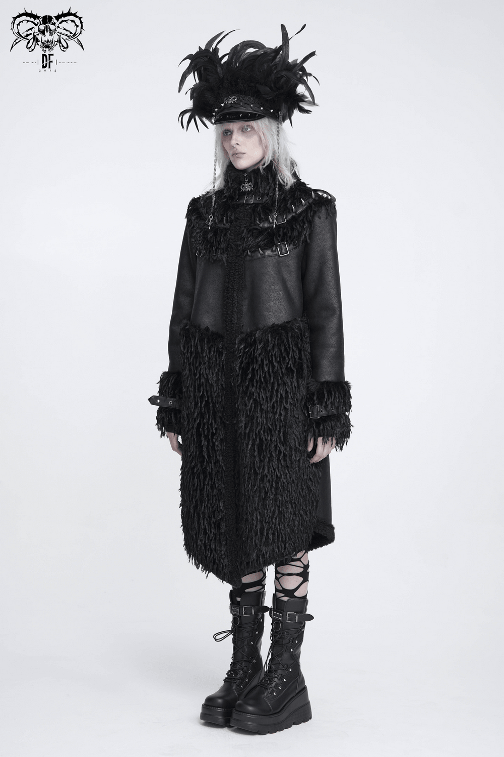 Dark Punk Overcoat with Spiked Shoulders and Pointed Hem, gothic long coat with shaggy trim and buckled collar