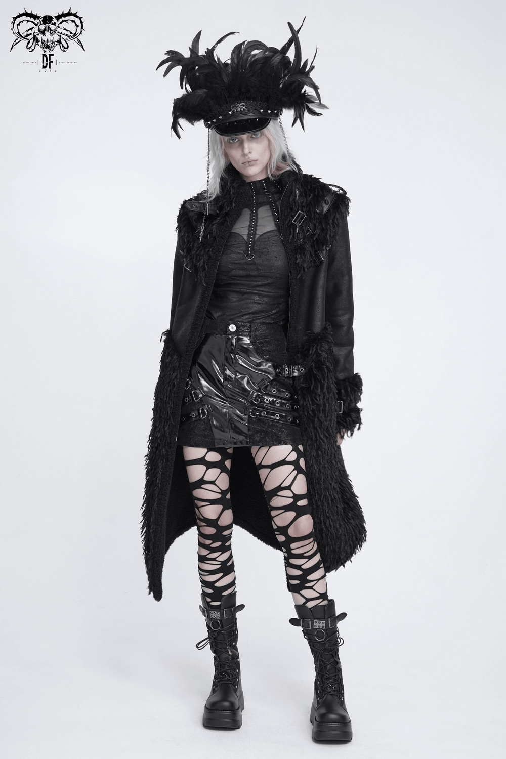 Dark Punk Overcoat with Spiked Shoulders and Pointed Hem gothic black coat with shaggy trim, buckled collar, and punk vibe