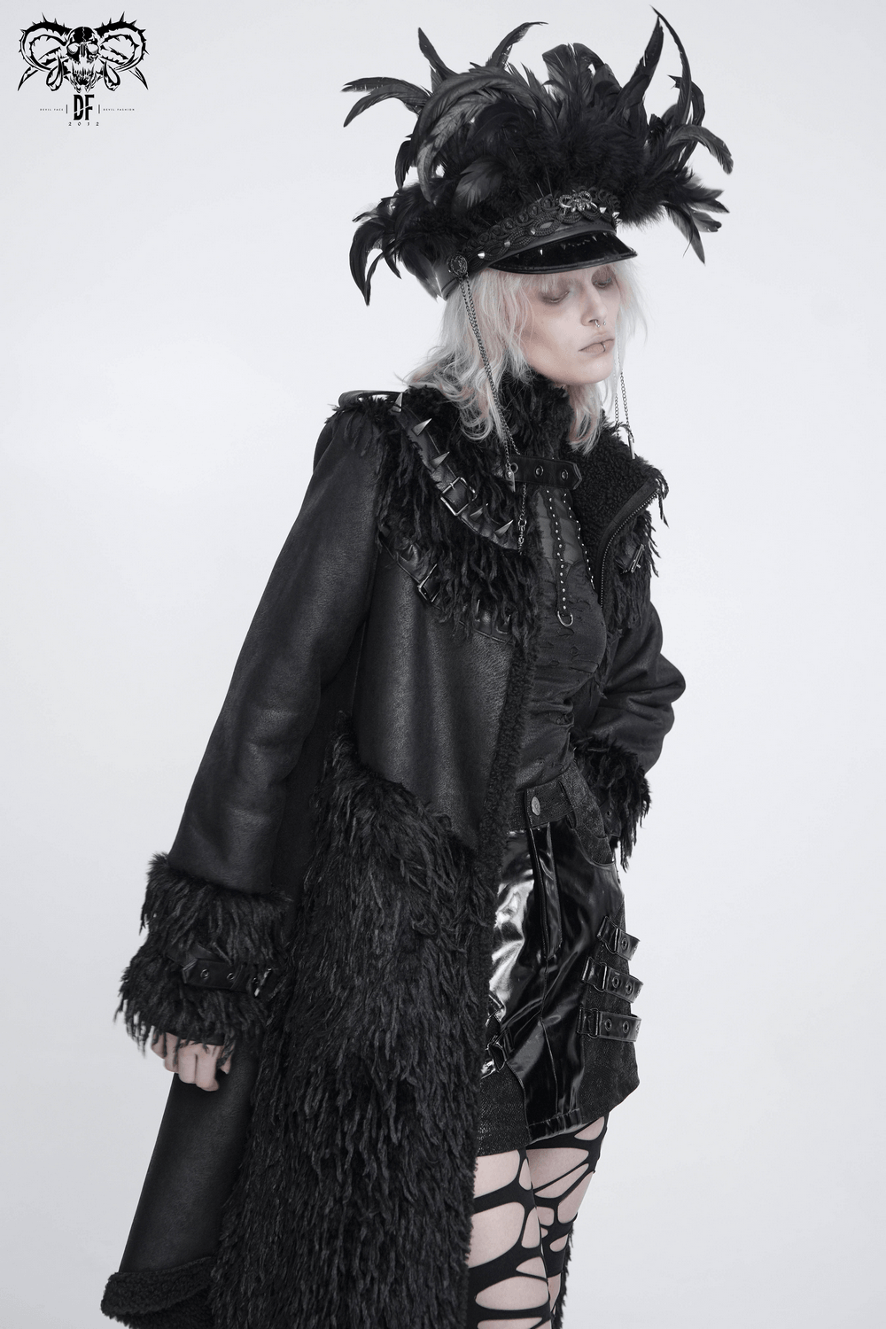 Dark Punk Overcoat with Spiked Shoulders and Pointed Hem gothic long coat with shaggy trim, buckled high collar, and feathered hat.