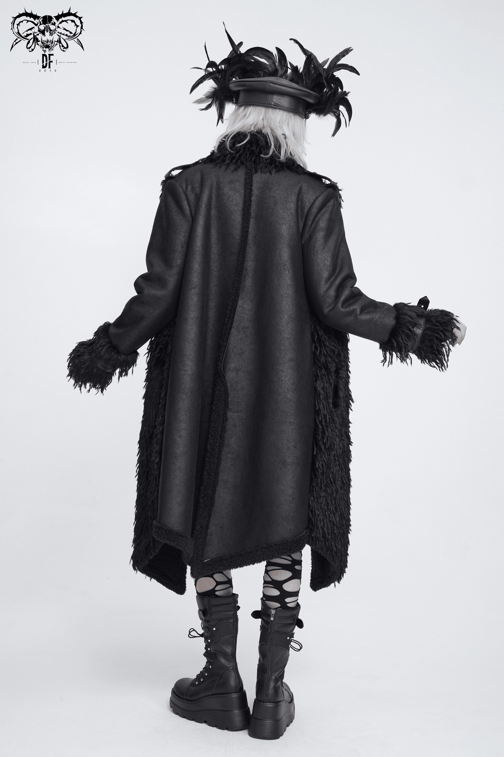 Dark Punk Overcoat with Spiked Shoulders and Pointed Hem, gothic black long coat with shaggy trim and buckle cuffs