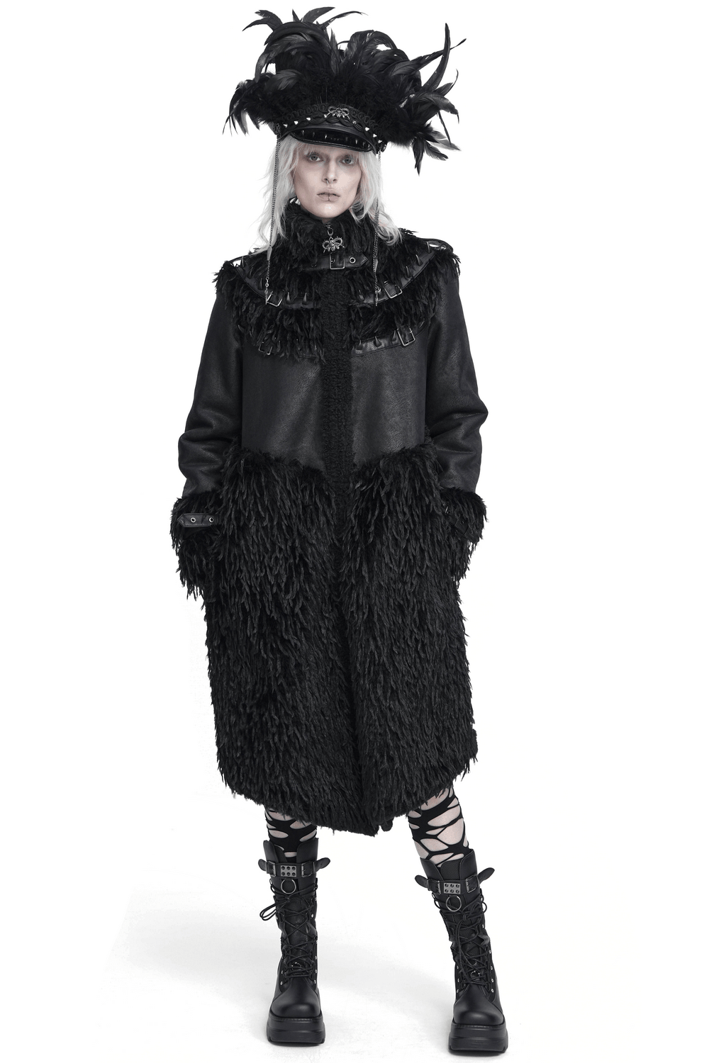 Dark Punk Overcoat with Spiked Shoulders and Pointed Hem, gothic long coat with shaggy trim and buckled high collar