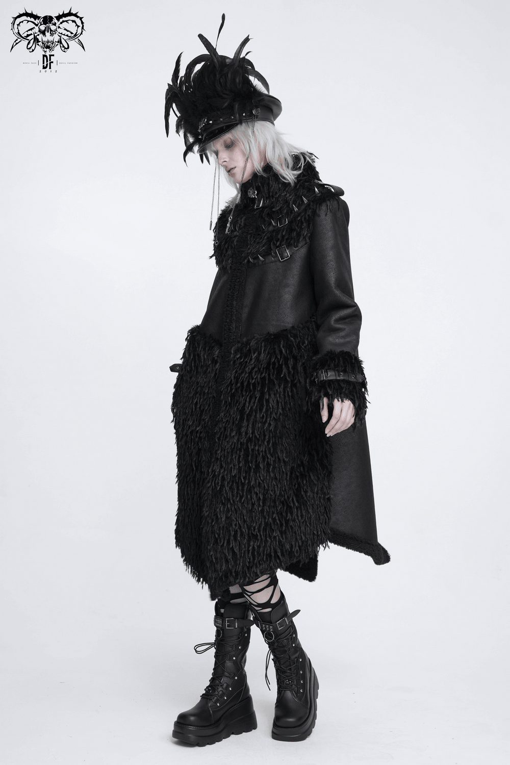 Dark Punk Overcoat with Spiked Shoulders and Pointed Hem, gothic long black coat with shaggy trim and buckled collar
